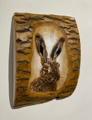 'Hare Style' artwork on Ash wood on unique log style piece - size 17 x 24cm