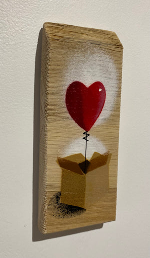 Heart Balloon in a box - Handmade Stencil artwork on Oak - 8 x 19cm