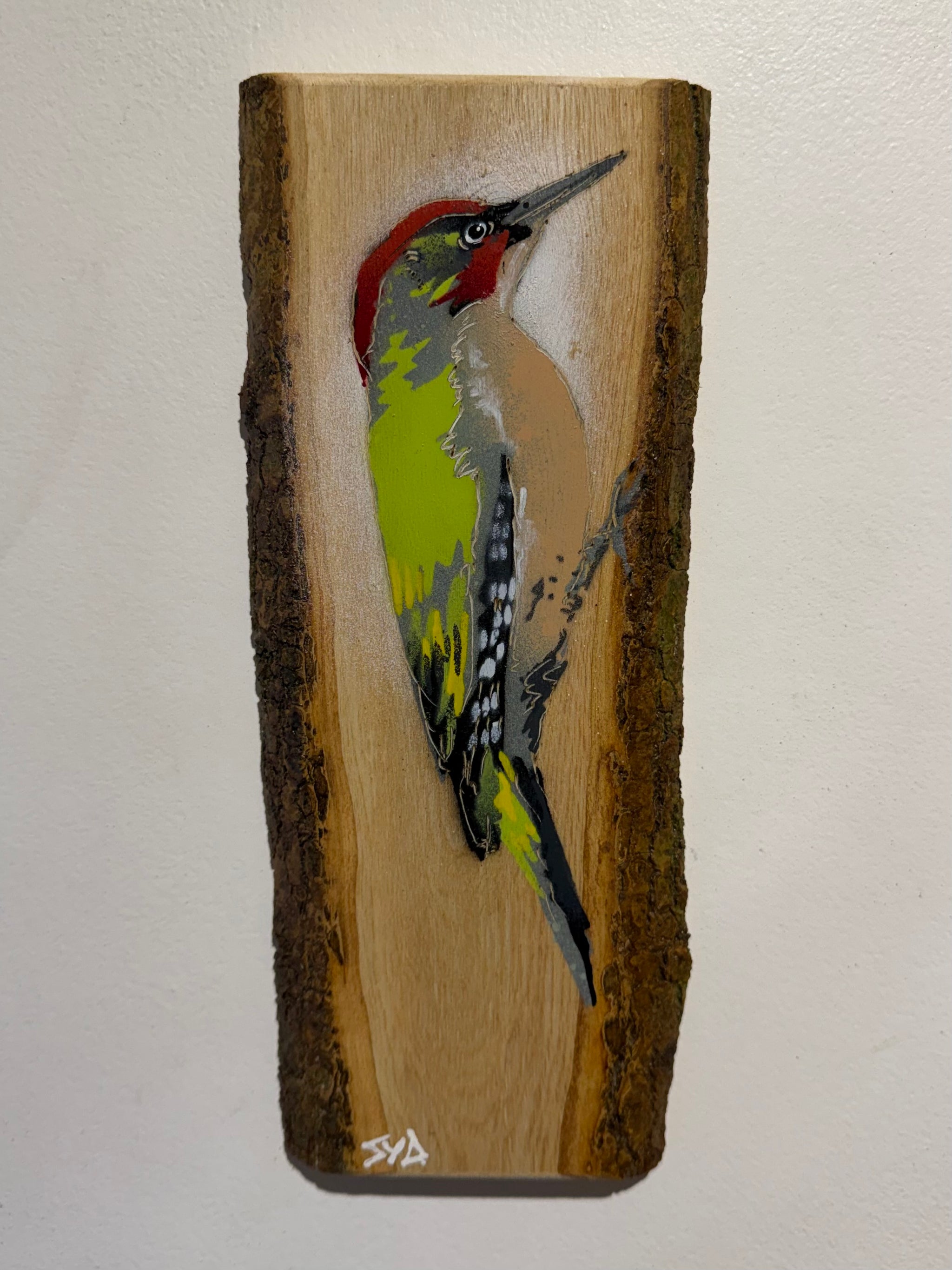 Woodpecker ‘Green’ 2025 on barky Ash wood from signed limited edition - 10 x 26cm