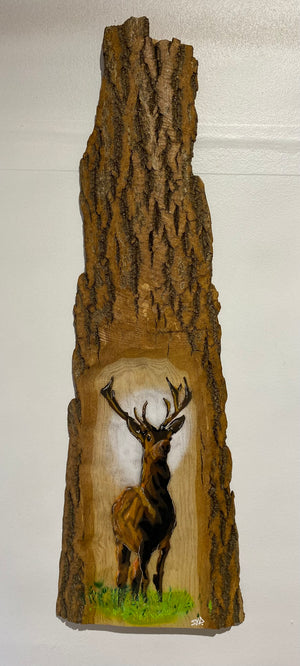 Solid Stag on barky 'log art' Ash wood - 66 x 23cm - Limited edition signed artwork