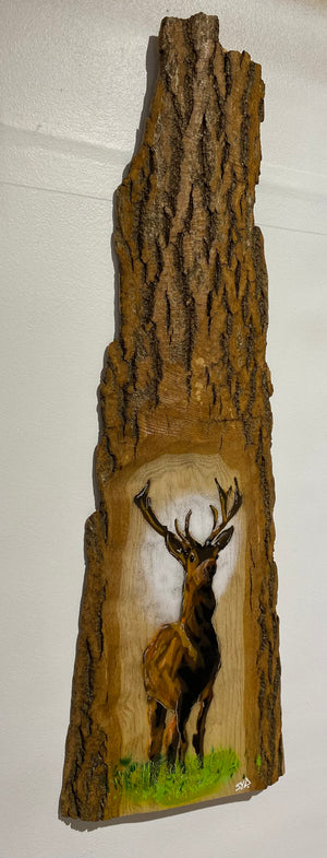 Solid Stag on barky 'log art' Ash wood - 66 x 23cm - Limited edition signed artwork