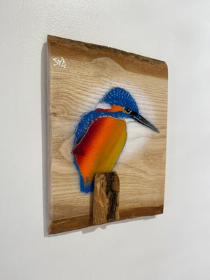 Kingfisher ‘Fisherman’ on Ash barky wood - Signed artwork size 16 x 23cm