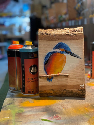 Kingfisher ‘Fisherman’ on ash barky wood - Number 3 in edition - Signed artwork size 15 x 23cm