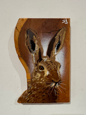 'Hare Style' artwork on dark Upcycled Yew wood - size 10 x17cm - Very unique limited edition piece