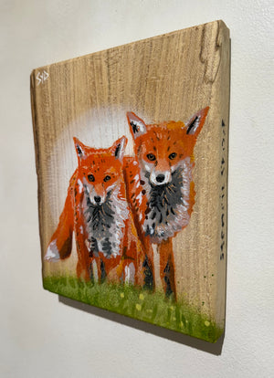 Foxes 2024 Valentines Art Work - No. 7 on light Elm wood - 17 x 20cm