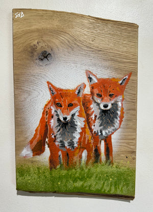 Foxes 2024 Valentines Art Work - No. 6 on Oak wood - 17 x 27cm