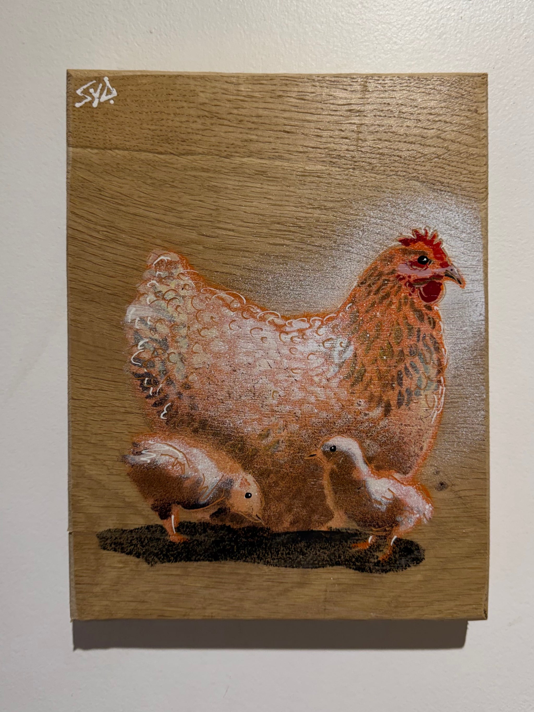 Chicken + Chicks 2023 'Back in stock' on Oak wood - 17 x 23cm - Mothers Day Gift