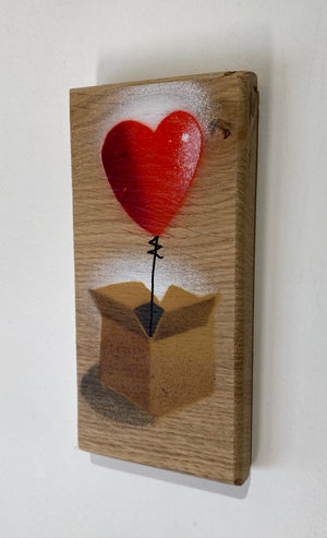 Heart Balloon in a box - Handmade Stencil artwork on Oak - 8 x 15cm