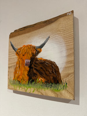 Highland Cow - on Ash wood with barky top edge - Signed Limited Edition Artwork - size 22 x 23 cm