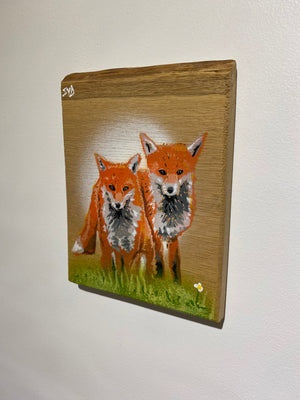 Foxes on Oak wood - size 17 x 22cm - Limited Edition Signed Artwork