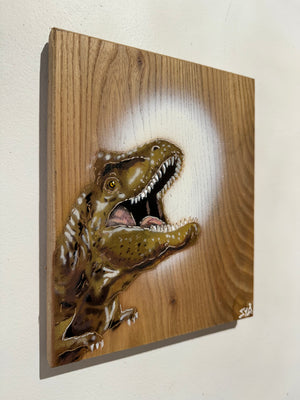 ‘Jurassic Party' Artwork on Elm wood - Number 20 - 23 x 18cm