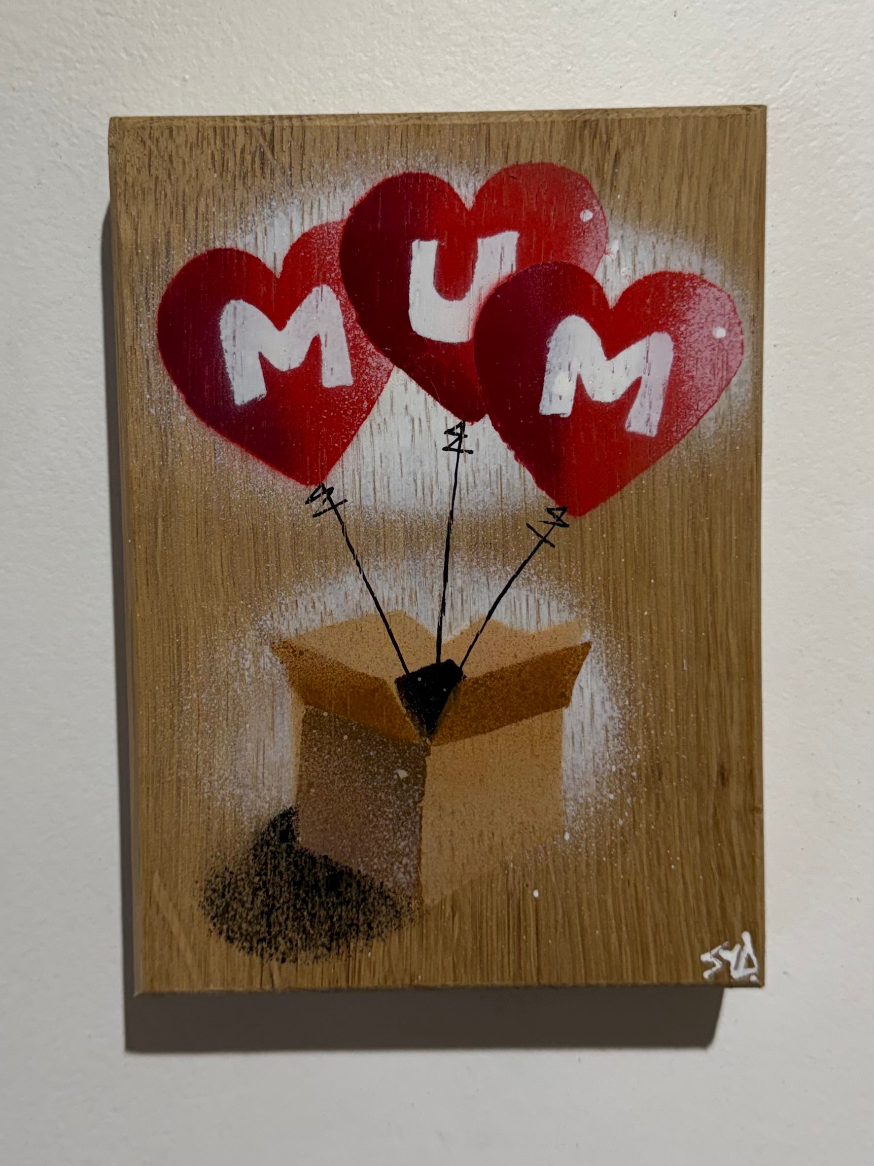 Hearts in a Box ‘Oak’  Mum - New for Mothers Day 2026 - Handmade Stencil artwork on oak Wood - 14 x 19cm