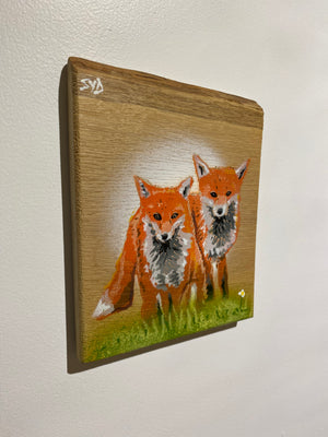 Foxes on Oak wood - size 17 x 22cm - Limited Edition Signed Artwork