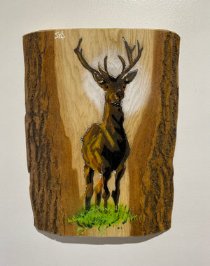 Solid Stag on barky 'log art' Ash wood - 24 x 22cm - Limited edition signed artwork