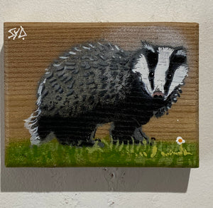 Badger 'Care Bear' - New for 2024 on Elm wood from the UK - 14 x 10cm