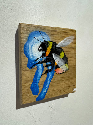 Bee 'Honey' blue and white drip - 11 x 13cm- Individual Spray painted artwork