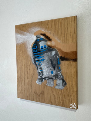 R2 Spray Can artwork on English Oak - Very popular piece - size 15 x 20cm