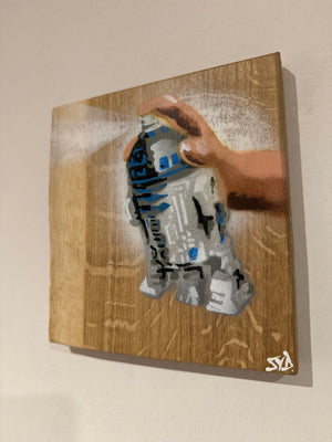 R2 Spray Can artwork on Oak - Most popular piece - size 18 x 18cm