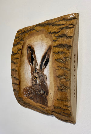 'Hare Style' artwork on Ash wood on unique log style piece - size 17 x 24cm