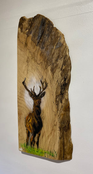 Solid Stag artwork design on Elm wood - 14 x 30cm Signed Artist's Choice