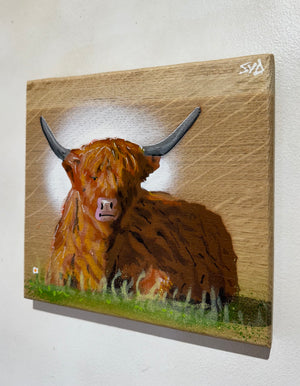 Highland Cow - on Oak - Signed Limited Edition Artwork - size 21 x 20 cm
