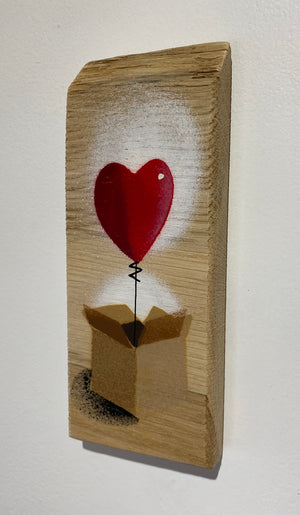 Heart Balloon in a box - Handmade Stencil artwork on Oak - 8 x 19cm