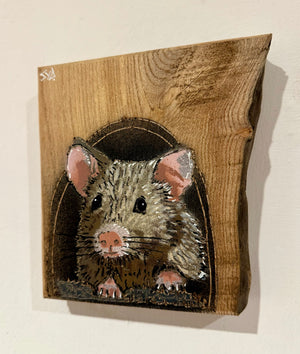 John Mouse ‘Number 2’ Stencil Art on Elm wood. New for 2024, 12 x 15cm