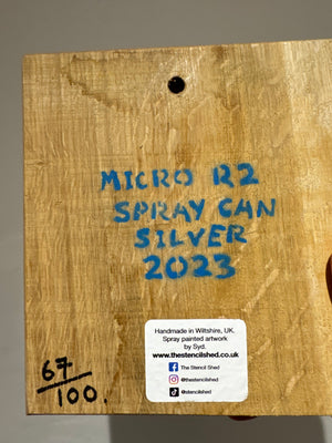 R2 Spray Can artwork on Oak - Most popular piece - size 18 x 18cm