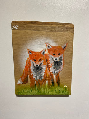 Foxes on Oak wood - size 17 x 22cm - Limited Edition Signed Artwork