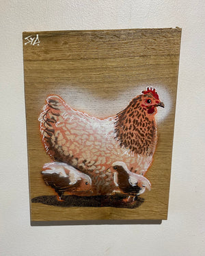 Chicken & Chicks Artwork 2023 on English Oak wood - 16 x 22cm