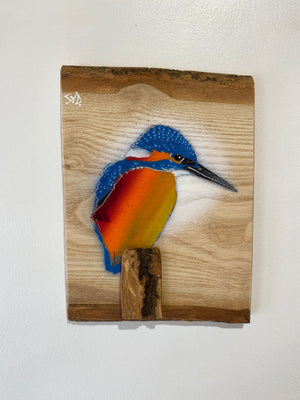 Kingfisher ‘Fisherman’ on Ash barky wood - Signed artwork size 16 x 23cm