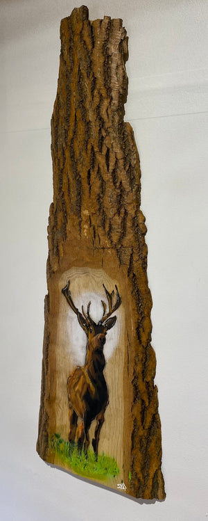 Solid Stag on barky 'log art' Ash wood - 66 x 23cm - Limited edition signed artwork