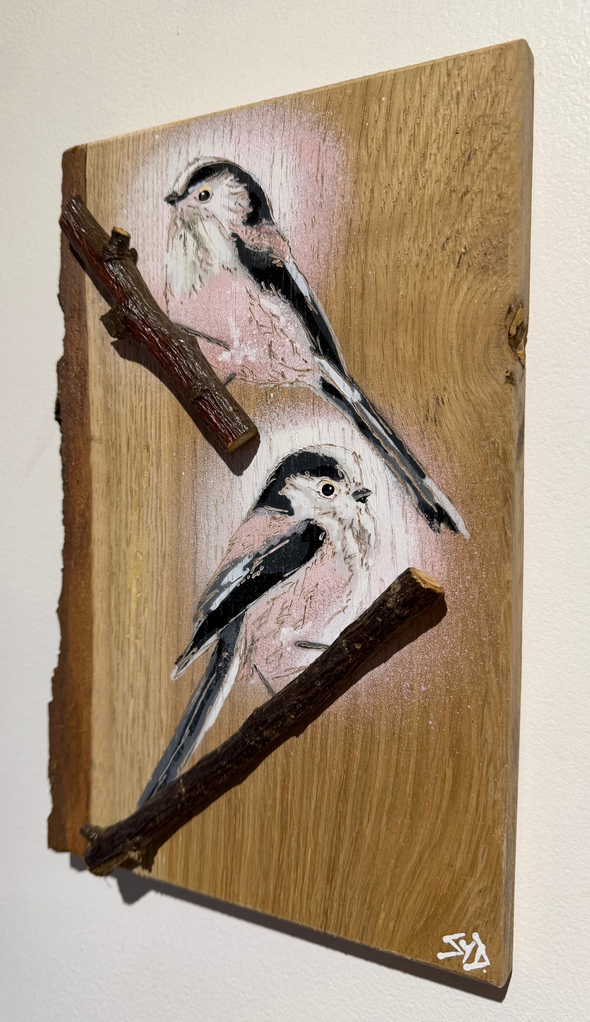 Long Tailed Tits 2026 - Number 3 - Oak Wood - 28 x 20cm - Handmade Stencil Art