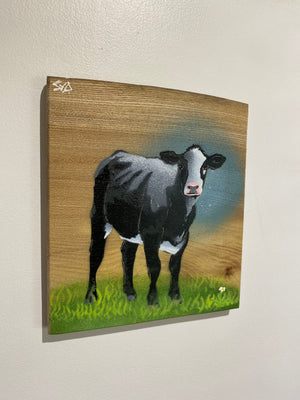 Still Worthy Cow - New for Christmas 2025 - Signed limited edition Number 16 spray painted art on Elm wood - size 20 x 23cm
