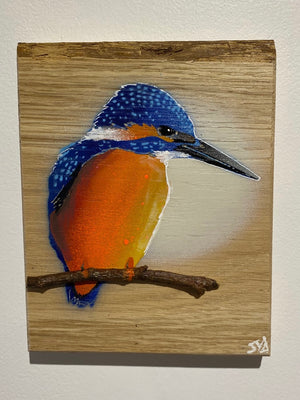 Kingfisher ‘Fisherman’ on Oak wood - Signed artwork size 14 x 19cm - Number 2 in edition