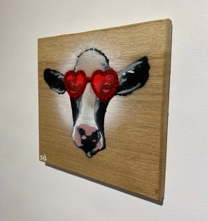 Glastonbury Cow on Oak wood with Elton John Glasses - 22 x 21cm - Only few left!!