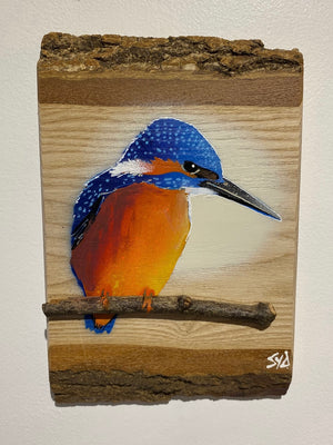 Kingfisher ‘Fisherman’ on ash barky wood - Number 3 in edition - Signed artwork size 15 x 23cm