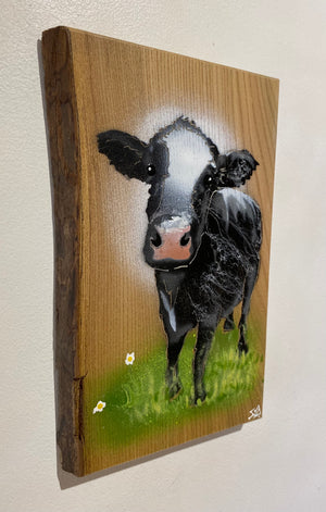 Worthies Cow created in 2022 - Signed limited edition spray painted art on Elm wood size 16 x 25cm