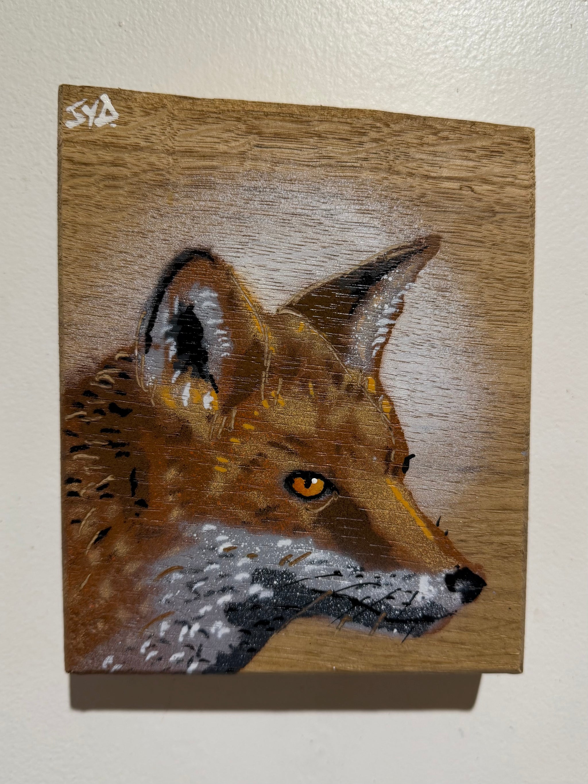 Fox 'Alert' on chunky Oak wood - Size 13 x 16cm - Artwork No. 51 from Limited Signed Edition