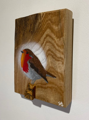 Robin 2025 on rare Elm with beautiful red grain and 3D stump - 13 x 17cm - New for Mother's Day