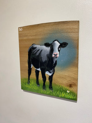 Still Worthy Cow - New for Christmas 2025 - Signed limited edition Number 16 spray painted art on Elm wood - size 20 x 23cm