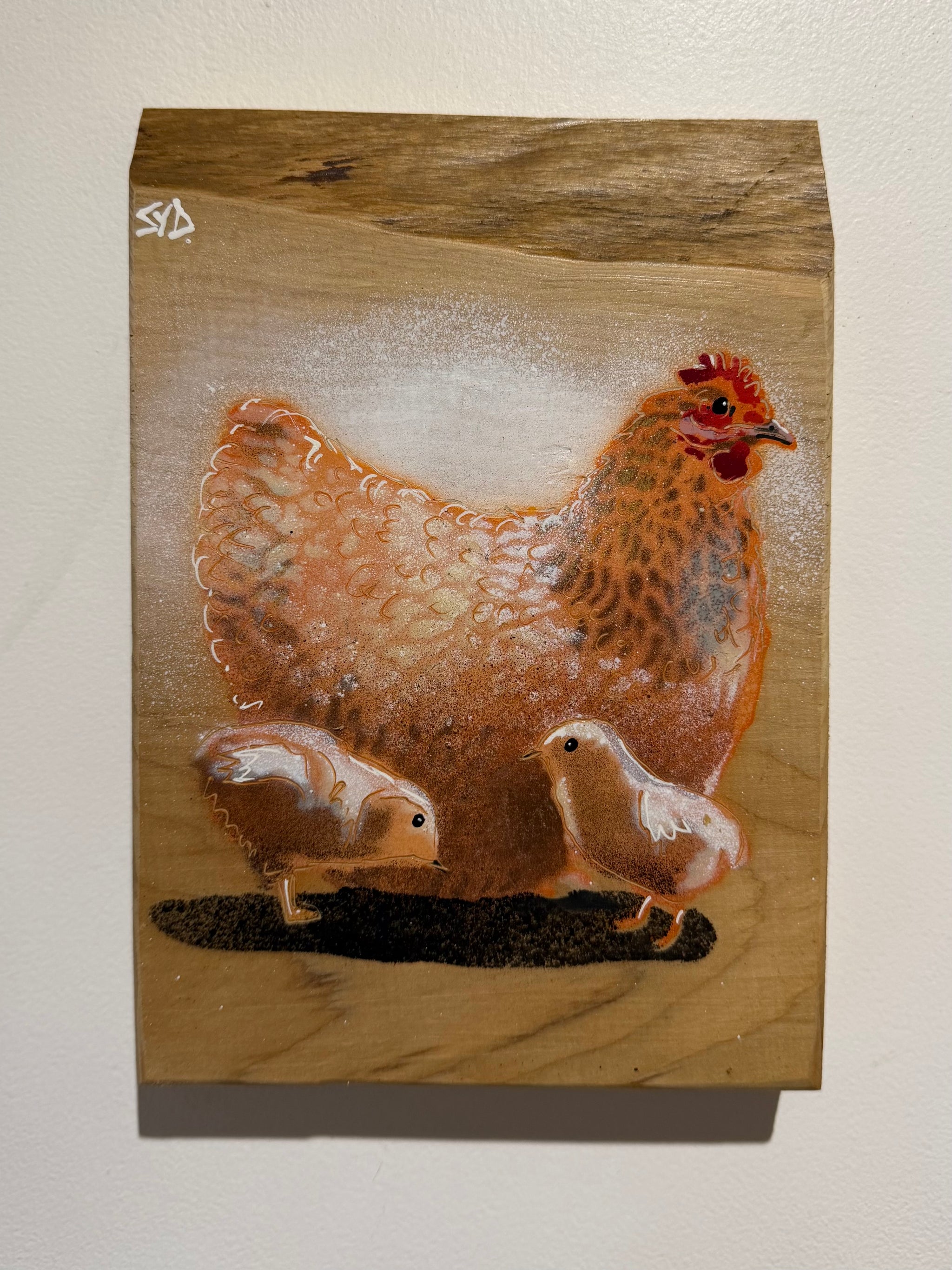 Chicken + Chicks 2023 'Back in stock' on Cedar wood - 16 x 24cm - Mothers Day Gift