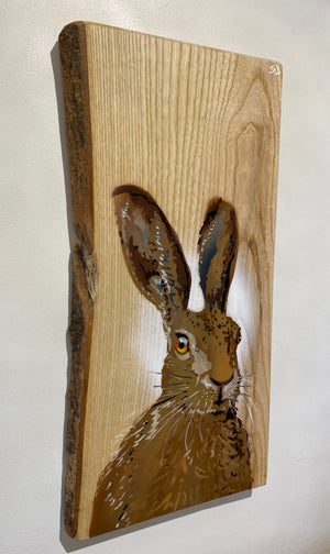 'Hare Today' artwork on Ash wood with barky edge - Limited edition and signed - 29 x 59cm.