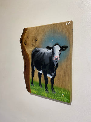Still Worthy Cow - New for Christmas 2025 - Number 1 - Signed limited edition spray painted art on Oak wood - size 20 x 25cm