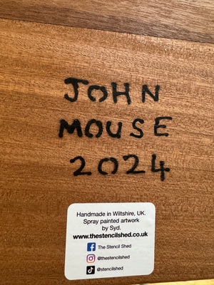 John Mouse Stencil Art on upcycled skirting board. New for 2024, 12 x 15cm