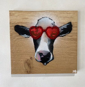 Glastonbury Cow on Oak wood with Elton John Glasses - 21 x 20cm - Only few left!!