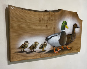 Family Quackers on Elm wood - 51cm by 30cm - Limited edition artwork