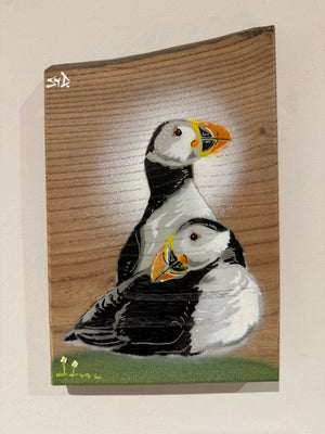 Pufflings For Life - Puffin artwork on Elm wood Signed Limited Edition - size 14 x 23cm