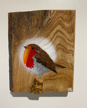 Robin 2025 on rare Elm with beautiful red grain and 3D stump - 13 x 17cm - New for Mother's Day