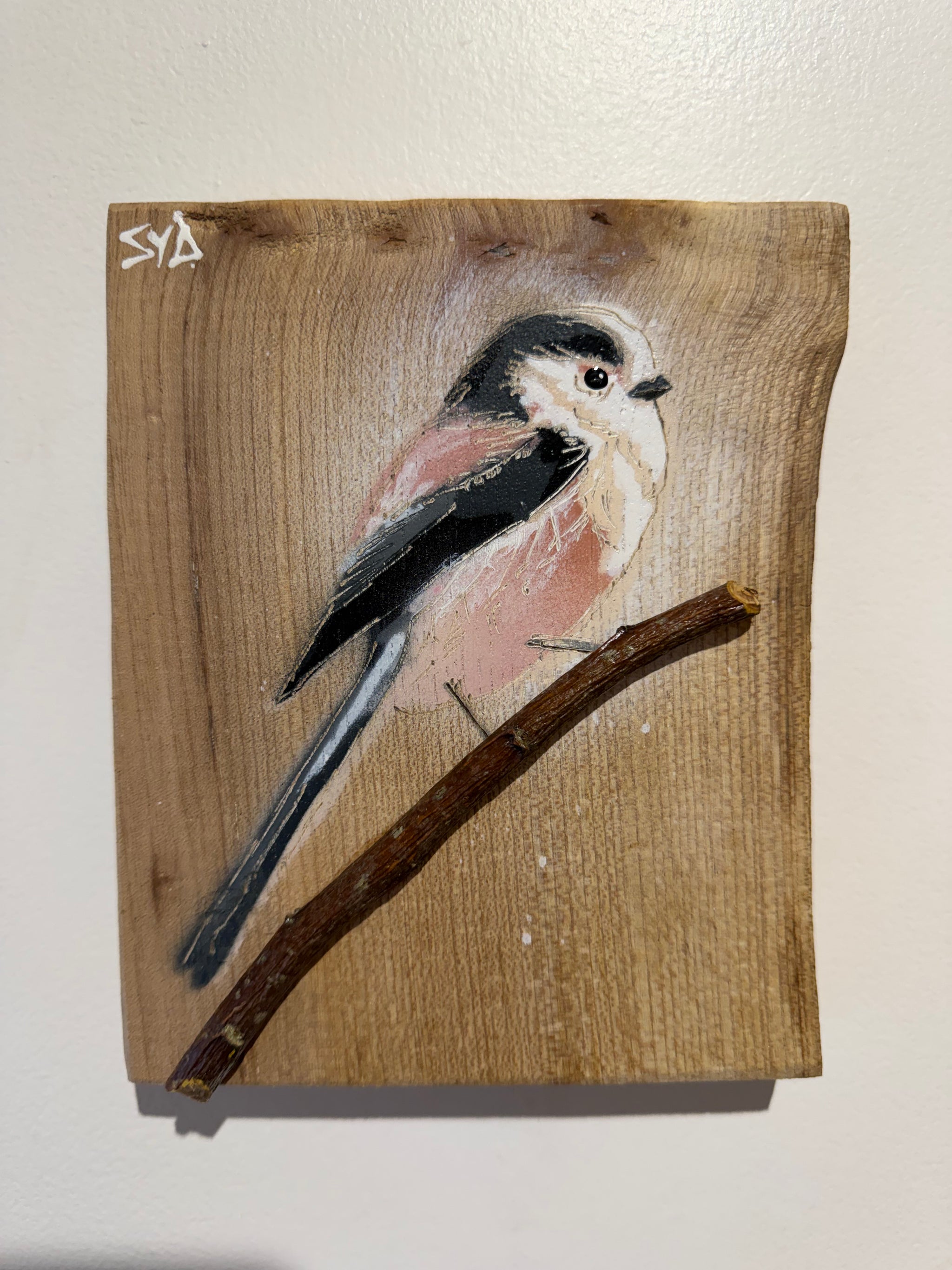 Long Tailed Tit 2026 on Elm Wood - 14 x 17cm - Handmade Stencil Art with 3D branch